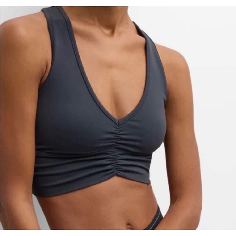 ALO Yoga Wild Thing Ruched Sports Bra Athleisure Hiking Running Gym Gray Black L - Picture 2 of 6